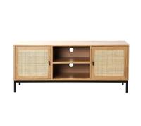 Calicosy - Meuble TV 2 Portes 2 Niches - Cannage Rotin - Décor Bois - Panneaux De Particules - Structure Métal - 4 Rangements - Salon Ou Chambre - Style Industriel Et Naturel - L 120 x P 39 x H 51 cm