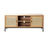 Calicosy CASÂME - Meuble TV 2 Portes Cannage en Rotin avec 2 Niches - Piètement en Métal Noir - Style Moderne et Naturel - pour Salon, Chambre - L120 x P39 x H51cm