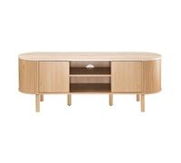 CALICOSY - Meuble TV 2 portes avec plateau effet travertin L140 cm - HELIOS - Bois clair