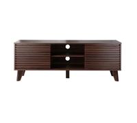 Calicosy - Meuble TV 2 Portes Coulissantes - Décor Bois Noyer - Panneaux De Particules - Portes Effet Bois Lamé - 5 Pieds - Salon Ou Chambre - Style Exotique - L 140 x P 39 x H 51,5 cm