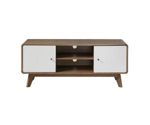 Calicosy - Meuble TV 2 Portes et 2 Niches - ALBURA | Panneaux Mélaminés Robustes, Boutons En Bois, 4 Espaces De Rangement, L 128,5 x P 39 x H 53 cm, Salon Ou Chambre