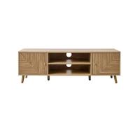 Calicosy - Meuble TV 2 Portes - Façades Effet Lames en L - Boutons Dorés et Pieds Bois Décor Chêne - Collection Eden - Salon - L 140 x P 40 x H 45 cm