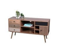 CaliCosy - Meuble TV avec 4 Tiroirs - 1 Porte - 4 Niches de Rangements - Motifs Géométriques - Imitation Bois Exotique - Meuble de Salon - L 120 x P 39 x H 64 cm