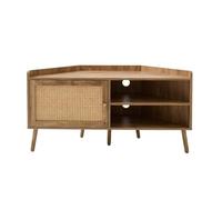 Calicosy - Meuble TV d’Angle 1 Porte Rotin et 2 Niches Ouvertes - Pieds Bois Décor & Bouton Doré - Collection Palmo - Salon - L 120 x P 40 x H 60 cm