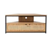 Calicosy - Meuble TV d'angle 1 Porte Rabattable - Cannage en Rotin - Décor Bois - Panneaux De Particules - Pieds Métal - Salon Ou Chambre - Style Exotique Et Naturel - L 100 x P 30 x H 45 cm