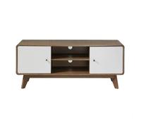Calicosy - Meuble TV - Panneaux Mélaminés - Structure Décor Bois, Façades Blanches - Boutons en Bois - 2 Portes et 2 Niches Centrales - L128,5 x P39 x H53 cm