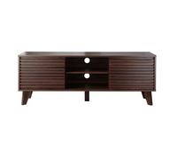 CALICOSY - Meuble TV portes coulissantes Façades Effet Bois Rainuré L135 cm - FRIBOURG - Bois foncé