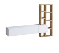 CALICOSY - Meuble TV suspendu 4 portes blanc et étagère chêne L182 cm - PANA - Blanc