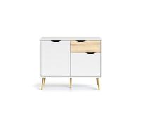 CALICOSY - Petit buffet 2 portes, 1 tiroir blanc et décor chêne L98,7 cm - BILLUND - Blanc