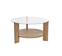 CALICOSY - Table basse 2 plateaux dont 1 en verre trempé D75 cm - CLARA - Chêne saphir