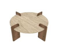 CALICOSY - Table basse ronde décor travertin et noyer D90 cm - AUREL - Beige