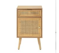 Calicosy - Table De Chevet 1 Tiroir 1 Porte - Placage Bois Frêne - Cannage en Rotin Naturel - MDF - 4 Pieds en Sapin - pour Chambre, Salon, Bureau - Style Exotique - L 47 x P 40 x H 55 cm