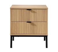 Calicosy- Table De Chevet 2 Tiroirs - Décor Bois Chêne - Façade Rainurée - Panneaux De Particules - Finitions Métal Noir - Style Industriel - pour Chambre - L 45 x P 29 x H 51 cm