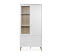 CALICOSY - Vitrine 2 portes dont 1 vitrée 5 étagères 2 tiroirs décor blanc et chêne H190 cm - KLINT - Blanc