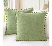 CaliTime Lot de 2 Housses de Coussin Confortables en Tissu Chenille Doux Teint avec Pompons pour canapé, Sofa, décoration d'intérieur, 45 x 45 cm, Sauge