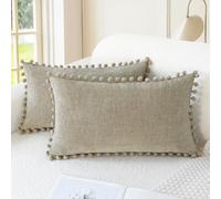 CaliTime Lot de 2 Housses de Coussin Confortables en Tissu Chenille Doux Teint avec Pompons pour canapé, Sofa, décoration d'intérieur, 30 x 50 cm, Taupe