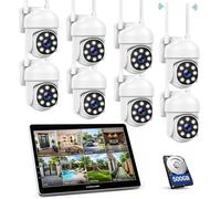 CAMCAMP Kit Caméra Surveillance Extérieur WiFi sans Fil 10"" Écran tactile 8 Caméras 2MP 360° PTZ Suivi automatique, 500GB Disque dur