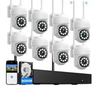 CAMCAMP Kit Caméra Surveillance Wifi Extérieur sans fil 2MP 8 caméras 16CH NVR 500GB, 360° PTZ Suivi Auto, Vision Nocturne Couleur