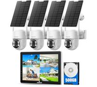 Camcamp Kit Camera Surveillance WiFi Solaire avec 10" Moniteur et 500Go HDD, 10CH NVR 2K Video Surveillance sans Fil, Pas Besoin de WiFi, Vision Couleur, Mouvement Détection,2-Voies Audio,Sortie HDMI