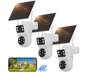 Caméra de sécurité solaire 4G triple objectif avec batterie d'une autonomie de 3 mois et détection PIR – Double objectif, vision nocturne 2K, contrôle à distance via une application pour la surveillan