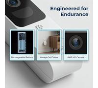 Caméra de sonnette vidéo - 4 MP - Wi-Fi double bande - Audio bidirectionnel - Détection de mouvement - Vision nocturne infrarouge (5 mètres) - Batterie 4800 mAh, blanche