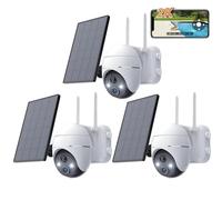 Caméra de surveillance 2K Wi-Fi d'extérieur sans fil, caméra solaire PTZ 360°, batterie rechargeable, 2,4 GHz, vision nocturne couleur, détection PIR, cloud, 3PC (blanc)
