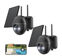 Caméra de surveillance 2K Wi-Fi d'extérieur sans fil, caméra solaire PTZ 360°, batterie rechargeable, 2,4 GHz, vision nocturne couleur, détection PIR, lot de 2
