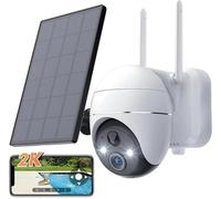 Caméra de surveillance 2K Wi-Fi d'extérieur sans fil, caméra solaire PTZ 360°, batterie rechargeable, 2,4 GHz, vision nocturne couleur, détection PIR, audio bidirectionnel (blanche)