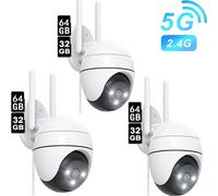 Caméra de surveillance 360° panoramique/inclinaison avec vision nocturne couleur, détection de mouvement, audio 2 voies, 2.4 GHz WLAN, 5MP HD pour l'extérieur, lot de 3 avec 32&64GB