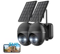 Caméra de surveillance 5 MP sans fil pour l'extérieur, solaire, PTZ 360°, batterie rechargeable, 2,4 GHz, vision nocturne couleur, détection PIR, audio bidirectionnel, 2 caméras