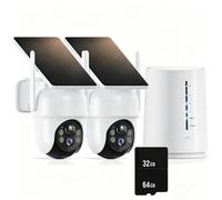 Caméra de surveillance d'extérieur à énergie solaire et batterie rechargeable, lot de 2 avec AnsqueBase, sans abonnement, suivi automatique à 360°, vision nocturne couleur 2K