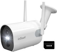 Caméra de surveillance extérieure 2K 3MP avec batterie, carte TF 64 Go, caméra WiFi sans fil extérieure, vision nocturne couleur 15 m, sirène/alarme à lumière blanche, détecteur de mouvement PIR.