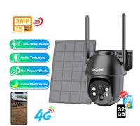 caméra de surveillance extérieure 4G LTE Batterie avec carte SIM Panneau solaire & 32 Go, 2K 3MP sans fil Caméra IP solaire sans WLAN extérieur, vision nocturne couleur/IR