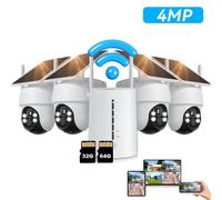 Caméra de surveillance extérieure Batterie solaire Set de 4 avec station de baseSans fil 360° 2K Couleur Vision nocturne Lumière & Alarme sonore Caméra de sécurité à domicile avec 32G & 64G