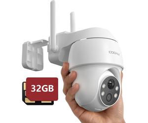 Caméra de surveillance extérieure COOAU 2K avec batterie rechargeable, PTZ, Wi-Fi, vision nocturne couleur, détecteur de mouvement PIR, reconnaissance faciale, audio bidirectionnel, Alexa, IP66, 32 Go