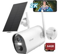 Caméra de surveillance extérieure solaire 2K 3MP, avec carte TF 64 Go Caméra de surveillance extérieure rechargeable, sans fil, PIR, vision nocturne couleur 15 m, sirène et alarme lumineuse,