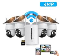 Caméra de surveillance extérieure Solaire 365 jours de batterie Set de 4 avec station de baseSans fil 360° 2K vision nocturne couleur Lumière & Alarme sonore Caméra de sécurité domestique avec 64G