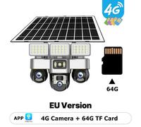 Caméra de surveillance extérieure solaire 4G - Objectif triple PTZ 15 MP, 355°/90° - Vision nocturne couleur avec LED - Détection de personnes par PIR + radar - IP66 - Carte microSD de 64 Go incluse