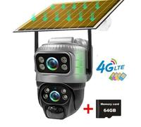 Caméra de surveillance IP PTZ 4G d'extérieur à énergie solaire - Mémoire de 64 Go - Double objectif 8 MP - Panneau solaire de 8 W et batterie de 8 000 mAh - Vision nocturne en couleur - Étanche