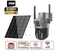 Caméra de surveillance solaire - 4K 8MP PTZ à double objectif - WiFi 5 GHz - Détection de mouvement par infrarouge (PIR) avec suivi - Caméra de sécurité extérieure IP66 - avec carte mémoire de 128 Go