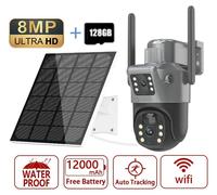 Caméra de surveillance solaire avec Wi-Fi, motorisée (PTZ), résolution 4K 8 MP, double objectif, double écran, suivi automatique, pour une utilisation en extérieur, avec 128 Go de stockage