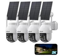 Caméra de surveillance solaire ieGeek 2K pour l'extérieur, caméra rechargeable avec surveillance à 360°, suivi automatique des personnes, vision couleur, vision nocturne, alarme lumineuse, lot de 4