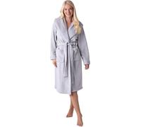 Camille Robe de chambre pour femme en polaire ultra douce avec col côtelé, manches longues, longueur mollet, fermeture à nouer, gris clair, 50-52