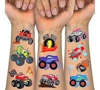 Camion Glitter Metallic Temporaire Tatouages pour Enfants Party Supplies Favor - 4 Feuilles 60 Styles Brillant | Camions, Course de Voiture, Lignes d'Arrivée, Flammes, Trophée