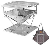 CAMPING MOON MT-035 Barbecue à bois portable 3 en 1 en acier inoxydable avec sac de transport 35,6 x 39 cm