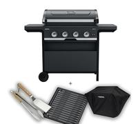 Campingaz Class 4 Select L Barbecue Gaz Combo avec grille de gril supplémentaire, housse, ustensiles, chariot BBQ gaz, 4 brûleurs en acier inoxydable, couvercle avec thermomètre, InstaClean, 12 kW