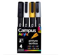 Campus Lot de marqueurs acryliques à pointe ronde de 2 mm, marqueurs de couleurs non permanentes à base d'eau, marqueurs acryliques à peinture opaque et séchage rapide (4 couleurs métalliques)