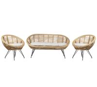 Canapé 2 Places 2 Fauteuils en Rotin Ton Naturel Métal et Coton Bohème Maratea