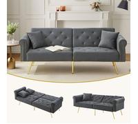 Canapé 2 places convertible, velours, dossier 3 positions, pieds métal doré, rangement sous canapé