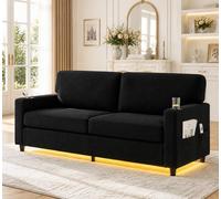 Canapé 2 places en chenille, 203 x 77,5 x 86 cm, noir, USB-C, LED | Canapé double rembourré avec poches latérales, mousse confortable, pour salon, chambre à coucher, bureau, noir